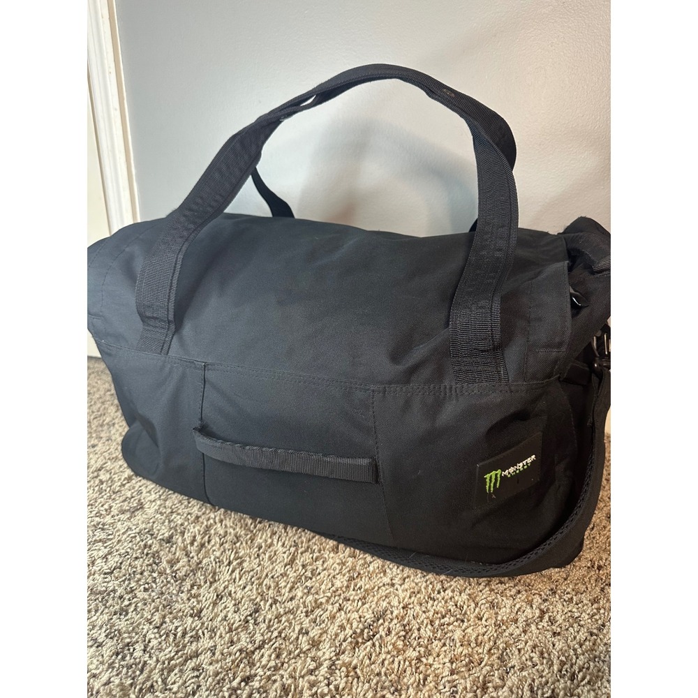 Monster Energy Black Canvas Duffel Bag Pinstripe Lining Gym Travel Gear likenew!
